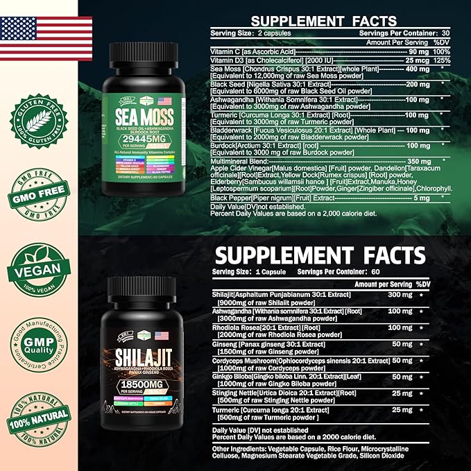 Sea Moss & Shilajit Multivitamin Bundle - Sea Moss 12000mg, Shilajit 9000mg, Black Seed Oil 6000mg, Ashwagandha 3000mg, Ginger,Rhodiola Rosea 2000mg, All in 1 Supplements (2 Pack)