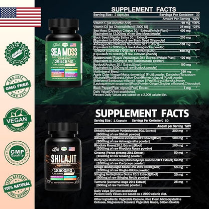 Sea Moss & Shilajit Multivitamin Bundle - Sea Moss 12000mg, Shilajit 9000mg, Black Seed Oil 6000mg, Ashwagandha 3000mg, Ginger,Rhodiola Rosea 2000mg, All in 1 Supplements (2 Pack)