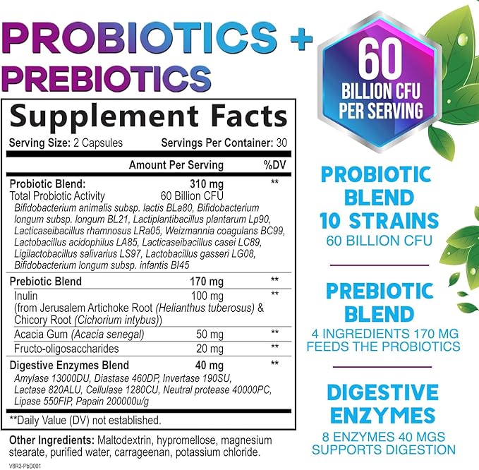 Daily Probiotic and Acidophilus Supplement 60 Billion CFU 10 Strains Capsule for Women & Men - Digestive Gut & Immune Health Support - Supports Occasional Constipation, Gas & Bloating - 60 Capsules