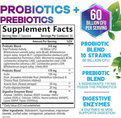 Daily Probiotic and Acidophilus Supplement 60 Billion CFU 10 Strains Capsule for Women & Men - Digestive Gut & Immune Health Support - Supports Occasional Constipation, Gas & Bloating - 60 Capsules