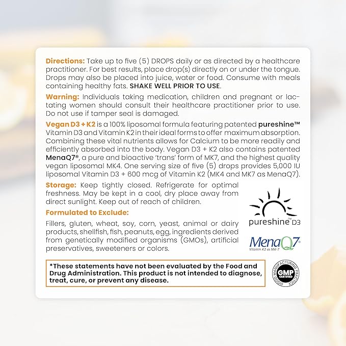 Pure Therapro Rx Vegan Vitamin D3 + K2 Liposomal Supplement | 90 Servings | Maximum Absorption Liquid Vitamins D3 5000 IU and K2-10 for Men and Women - 10 mL