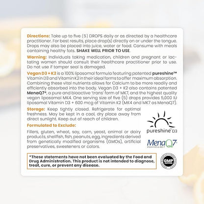 Pure Therapro Rx Vegan Vitamin D3 + K2 Liposomal Supplement | 90 Servings | Maximum Absorption Liquid Vitamins D3 5000 IU and K2-10 for Men and Women - 10 mL