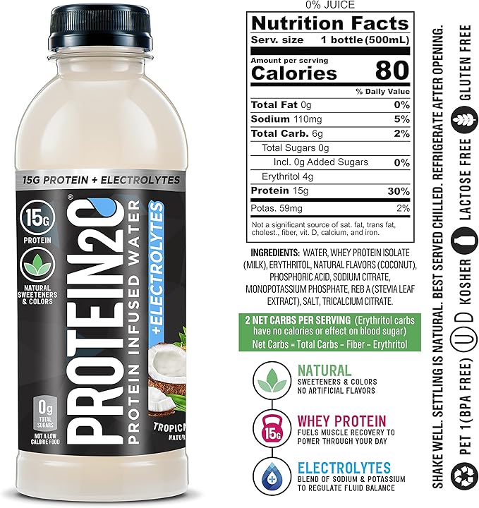 Protein2o 15g Whey Protein Infused Water, Tropical Coconut, 16.9 oz Bottle (Pack of 12)