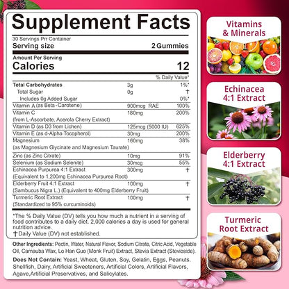 10 in 1 Daily Multivitamin Gummies Immune Boosters for Adults, w/Magnesium, Vitamin D3 5000IU, Elderberry, Echinacea, Vitamin C, Zinc & Selenium, Energy, Respiratory & Cellular Health Support, 120Cts