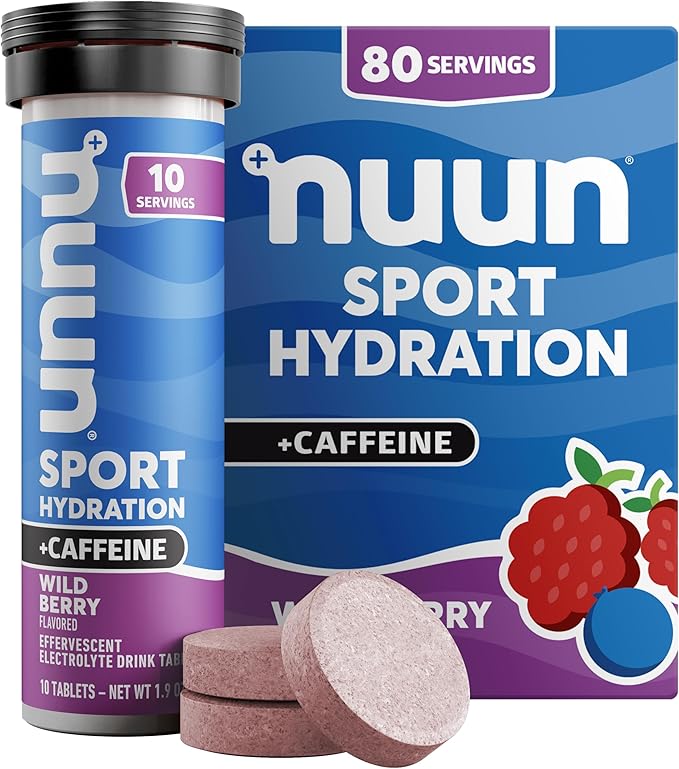 Nuun Sport + Caffeine Electrolyte Tablets - Dissolvable in Water, Wild Berry Flavor, 5 Essential Electrolytes for Hydration, 1g Sugar Drink Mix, Vegan, Non-GMO, 8 Pack (80 Total Servings)