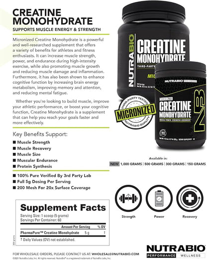 NutraBio Pure Creatine Monohydrate Powder Supplement, Unflavored, (1000 g) - Supports Bulk Muscle Energy, Recovery, and Strength - HPLC Tested Pure Grade Creatine Powder Supplement for Men and Women