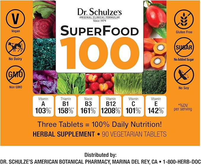 Dr. Schulze's Superfood 100 | Vitamin & Mineral Herbal Concentrate | Dietary Supplement | Daily Nutrition & Increased Energy | Gluten-Free & Non-GMO | Vegan & Organic | 90 Tabs