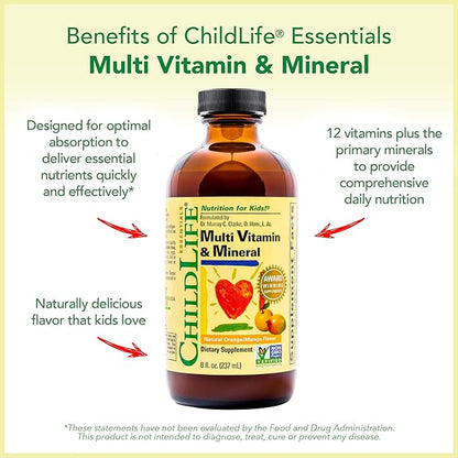 CHILDLIFE ESSENTIALS Kids Multivitamin & Mineral - Kids Vitamins, Liquid Multivitamin for Kids, Toddler Multivitamins, Liquid Vitamins, Baby Multivitamin - Natural Orange & Mango, 8 Fl Oz (Pack of 1)