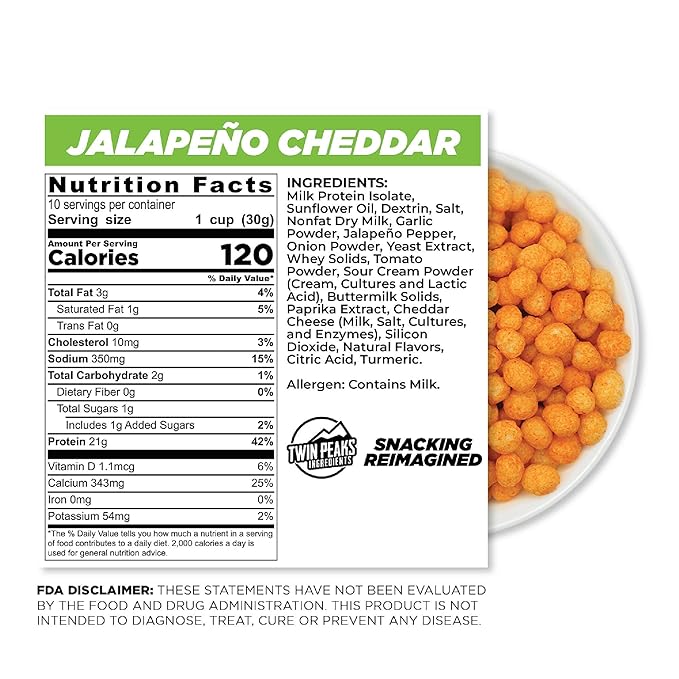 Twin Peaks Low Carb, Keto Friendly Protein Puffs, Jalapeno Cheddar (300g, 21g Protein, 2g Carbs)
