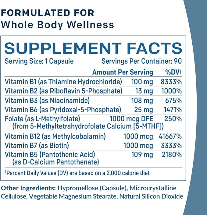 Methylated B Complex with B12 Methylcobalamin & Methyl Folate 1000 mcg - Premium Vitamin B Complex for Energy, Brain Function, and Wellness - Methylated Multivitamin (90 Servings, Pack of 1)