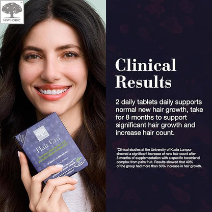 NEW NORDIC Hair GRO, Hair Growth Supplement, Biotin & Palm Fruit Extract Tocotrienols for Natural Regrowth, for Men and Women, 60 Count (Pack of 1)