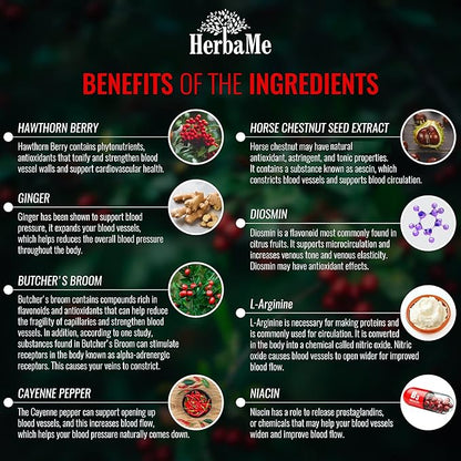 Blood Circulation Supplement, 120 Capsules, Supports Leg Vein, Heart, Vessels and Cardiovascular Health with Niacin, L-Arginine, Ginger, Cayenne Pepper, Hawthorn, Diosmin, Blood Flow Pills