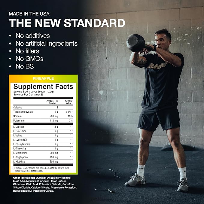 RAW EAA Amino Acids Powder, Pineapple (25 Servings) - Pre Workout Amino Energy Powder for Strength, Endurance, Recovery & Lean Muscle Growth - BCAA Amino Acids Supplement for Men & Women