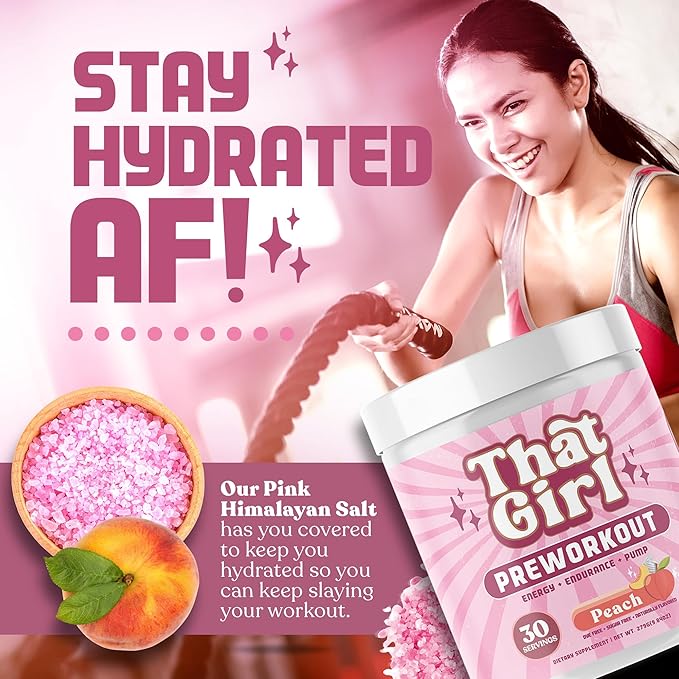 That Girl Pre Workout for Women - Slay Your Gym Sesh with Pure Fire Energy & Mega Pumps - 100% Natural & Clean - Delish Peach Flavor - 30 Servings