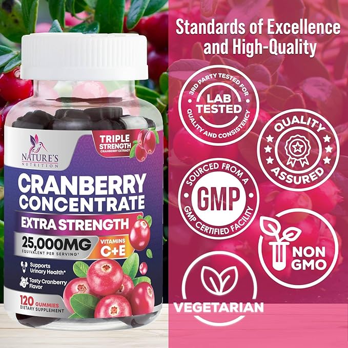 Cranberry Gummies - Urinary Tract Health Gummy + Vitamin C - 25,000mg - Triple Strength Cranberry Concentrate Extract Supplement Pills, Ultimate Potency, Non-GMO, Gluten Free - 120 Gummies