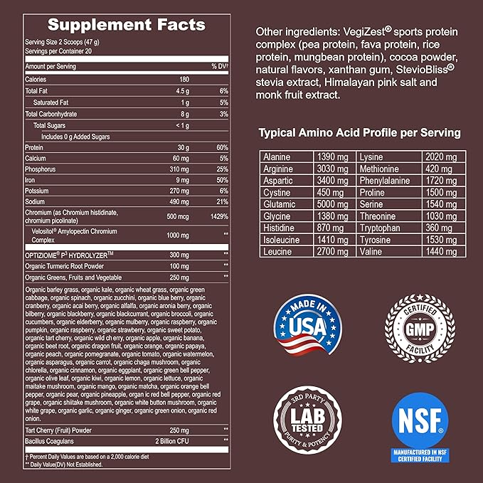 Vegan Sport Protein Powder Chocolate – 30g Plant Based Protein, VELOSITOL, BCAAs, Organic Greens & Fruits, Probiotics, Tart Cherry for Post Workout Recovery, Inform Sports Certified Keto - 20 servings