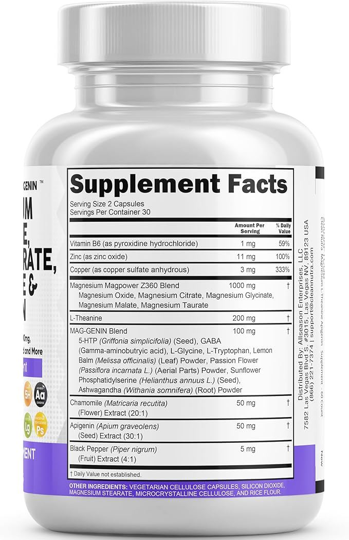Magnesium Glycinate Complex 1000mg with L-Theanine 200mg Apigenin 50mg Citrate Taurate Supplement - 5-HTP GABA Passion Flower Lemon Balm L-Glycine Phosphatidylserine Ashwagandha - 60 Count