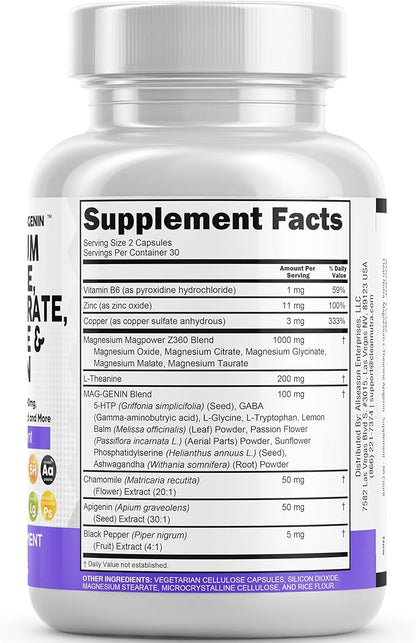 Magnesium Glycinate Complex 1000mg with L-Theanine 200mg Apigenin 50mg Citrate Taurate Supplement - 5-HTP GABA Passion Flower Lemon Balm L-Glycine Phosphatidylserine Ashwagandha - 60 Count