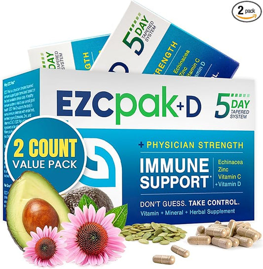 EZC Pak 5-Day Immune System Booster with Echinacea, Vitamin C, Zinc & Vitamin D - Tapered Immune Support Supplement for Adults - Supports Immunity, Easy Travel-Size Supplement Pack - (Pack of 2)