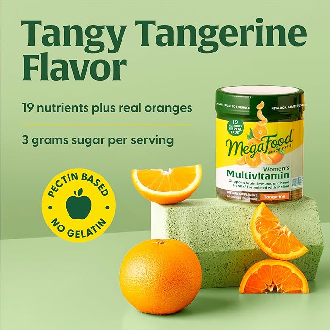 MegaFood Women's Multi - Multivitamin for Women - Gummy Vitamins - Vitamin C, Vitamin D, Zinc, Vitamin B12 & Choline - Immune Support & Bone Health - Vegetarian - Tangerine - 60 Gummies (30 Servings)