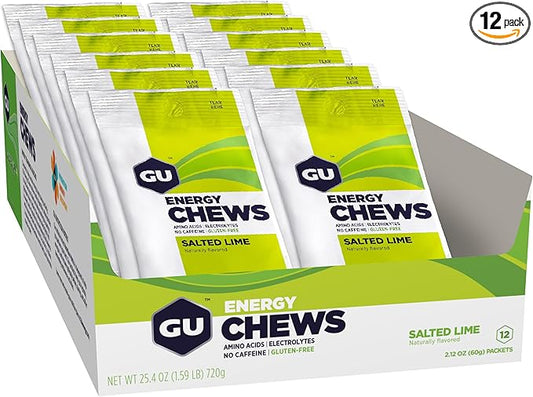 GU Energy Chews, Salted Lime Energy Gummies with Electrolytes, Vegan, Gluten-Free, Kosher, Caffeine-Free, and Dairy-Free On-The-Go Energy for Any Workout, 12 Bags (24 Servings Total)