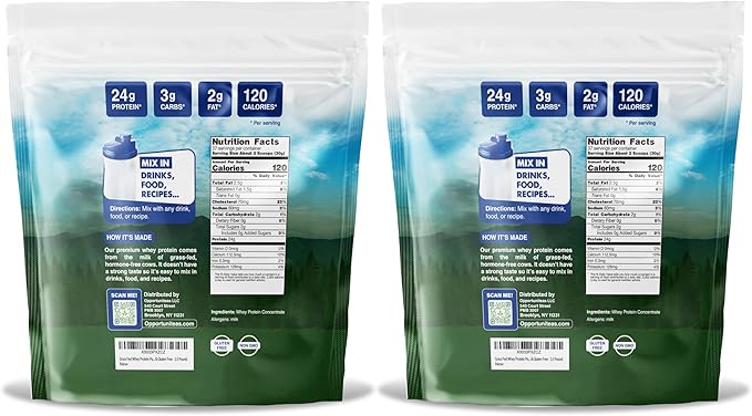 Opportuniteas Grass Fed Whey Protein Powder Concentrate - Unflavored & Unsweetened - Pure Protein Supplement for Drink, Smoothie, Shake, Cooking & Baking - Non GMO, Hormone Free & Gluten Free - 5 lb