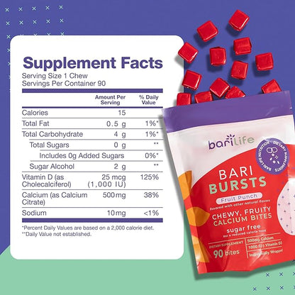 Calcium Citrate Bariatric Calcium Chews with 1000 IU Vitamin D3 - Ideal for Bariatric Patients - BariBurst by Bari Life (Fruit Punch)