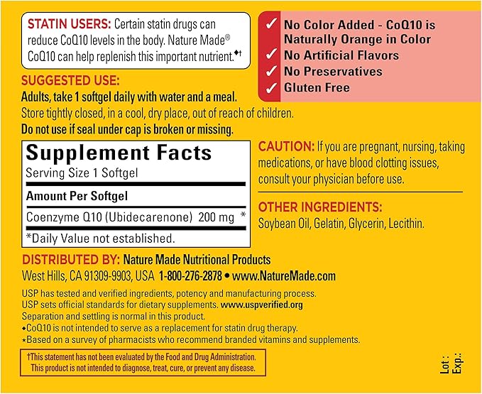 Nature Made CoQ10 200mg, Dietary Supplement for Heart Health Support, 80 Softgels, 80 Day Supply