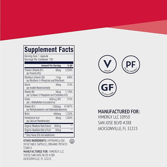 Vimergy Adapto B Complex, 120 Servings – High Potency with 8 B Vitamins, Rhodiola & Hawthorn Berry – Supports Mental Energy, Cognition, Mood - Non-GMO, Kosher, Vegan, Paleo, No Gluten, No Soy