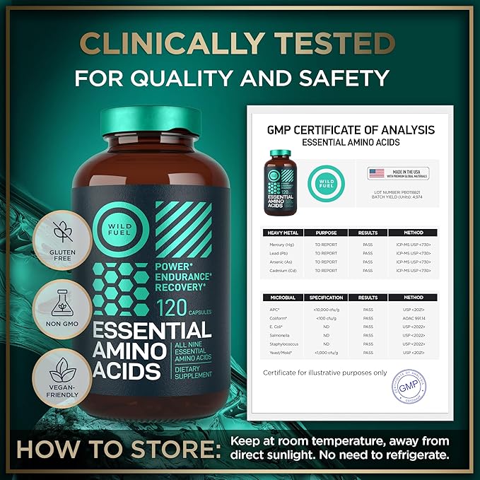 Essential Amino Acids Supplement - 3,000mg Amino Complex + All 9 Best Amino Acids for Muscle Growth, Power and Recovery - Leucine Amino Acid, Lysine, Isoleucine, Tryptophan - 120 Vegan, BCAA Capsules