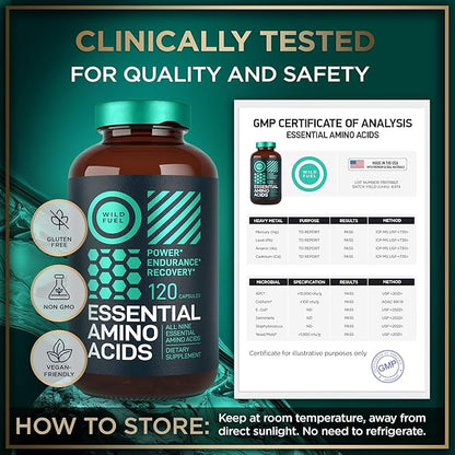Essential Amino Acids Supplement For Women And Men - All 9 BCAAs Amino Acid Complex for Power and Recovery - EAA Perfect Amino Energy: Lysine, Tryptophan, Isoleucine - 2 Pack 240 Vegan BCAA Capsules