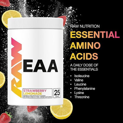 RAW EAA Amino Acids Powder, Strawberry Lemonade (25 Servings) - Pre Workout Amino Energy Powder for Strength, Endurance, Recovery & Lean Muscle Growth - BCAA Amino Acids Supplement for Men & Women