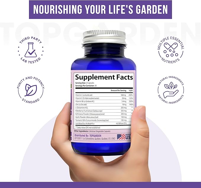 Immune System Health - Sambucus Elderberry, Vitamin C, Echinacea, Turmeric Curcumin, Garlic, Zinc & More for Adult's Wellness Support. Boost Your Body and Mind!