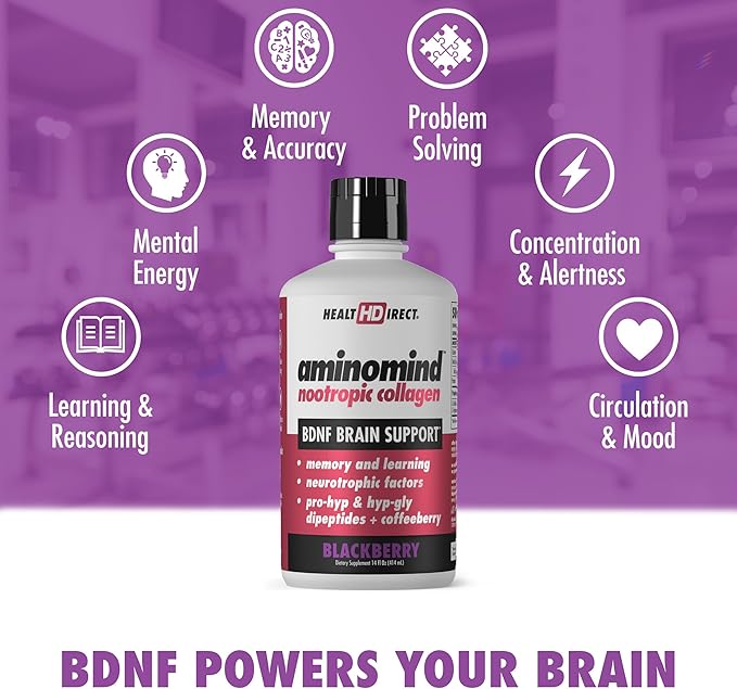 HEALTH DIRECT - AminoMind - Nootropic Collagen Supplement for Brain Health and BDNF - Pro-Hyp & Hyp-Gly Dipeptides, Coffeeberry Antioxidants - BlackBerry - 14 Fl Oz (28 Servings)