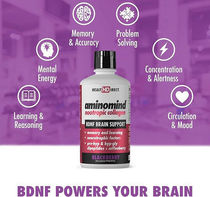 HEALTH DIRECT - AminoMind - Nootropic Collagen Supplement for Brain Health and BDNF - Pro-Hyp & Hyp-Gly Dipeptides, Coffeeberry Antioxidants - BlackBerry - 14 Fl Oz (28 Servings)