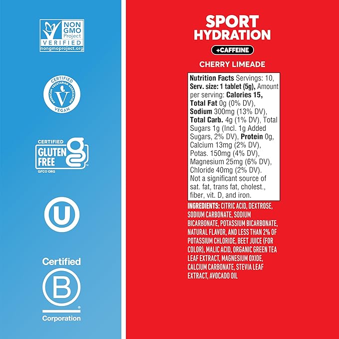 Nuun Sport + Caffeine Electrolyte Tablets - Dissolvable in Water, Cherry Limeade Flavor, 5 Essential Electrolytes for Hydration, 1g Sugar Drink Mix, Vegan, Non-GMO, 8 Pack (80 Total Servings)