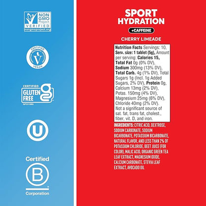 Nuun Sport + Caffeine Electrolyte Tablets - Dissolvable in Water, Cherry Limeade Flavor, 5 Essential Electrolytes for Hydration, 1g Sugar Drink Mix, Vegan, Non-GMO, 8 Pack (80 Total Servings)