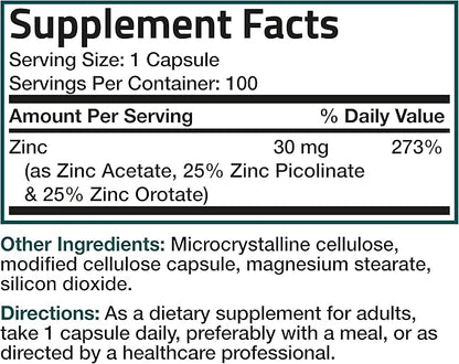 Bronson Zinc Triple Play 30 mg Triple Coverage Immune Support Zinc Supplement with Zinc Acetate, Picolinate & Orotate - Immune, Antioxidant & Skin Health Support - 100 Vegetarian Capsules