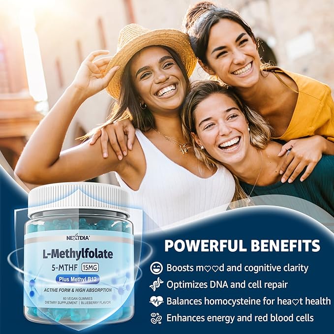 L-MethylFolate 15mg & Methyl B12 Gummies, Methylated B1, B2, B6 Multivitamins - Active 5-MTHF & High Absorption - Supports MTHFR Gene, Cognition, Homocysteine Levels, Folate Metabolism, Vegan, 120 Cts