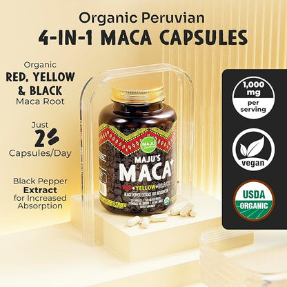 Maju Superfoods 4-in-1 Maca Root Capsules, Organic Black, Yellow & Red Roots w Black Pepper Extract for Absorption (120 ct) | Peru Product, Peruvian Powder, Men & Women Supplement, 60,000 mg
