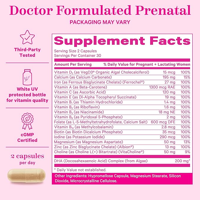 Pink Stork Total Prenatal Vitamins with DHA, Folate, Iron, Choline, and Vitamin B12 - Prenatals for Women to Support Fetal Development, Pregnancy Must Haves - 60 Capsules, 1 Month Supply