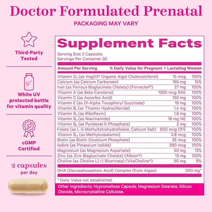 Pink Stork Total Prenatal Vitamins with DHA, Folate, Iron, Choline, and Vitamin B12 - Prenatals for Women to Support Fetal Development, Pregnancy Must Haves - 60 Capsules, 1 Month Supply