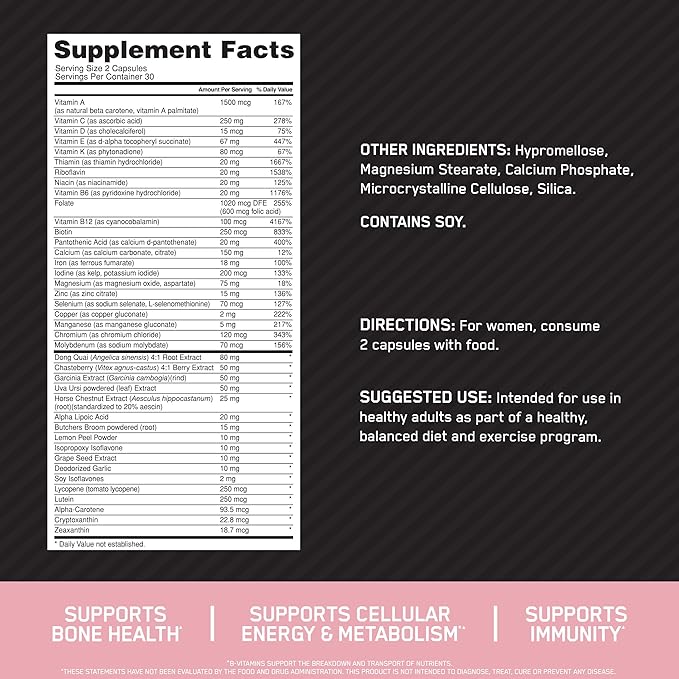 Optimum Nutrition Opti-Women Daily Multivitamin for Women, Immune Support Supplement With Iron, 30 Day Supply, 60 Count, (Packaging May Vary)