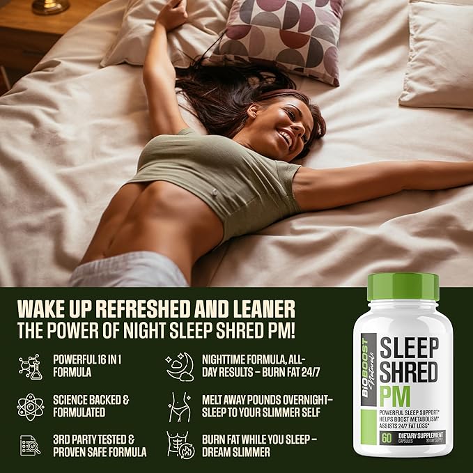 Sleep Shred PM | Night Time Fat Burner Weight Loss Pills for Women & Men + Appetite Suppressant | Shred Fat While You Sleep | Powerful Sleep Aid, Belly Fat Burner | Metabolism Booster - 60 Capsules