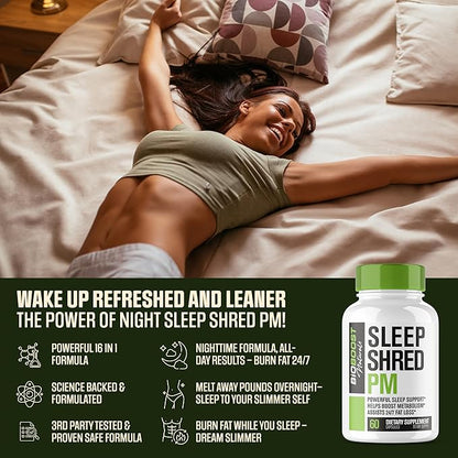 Sleep Shred PM | Night Time Fat Burner Weight Loss Pills for Women & Men + Appetite Suppressant | Shred Fat While You Sleep | Powerful Sleep Aid, Belly Fat Burner | Metabolism Booster - 60 Capsules
