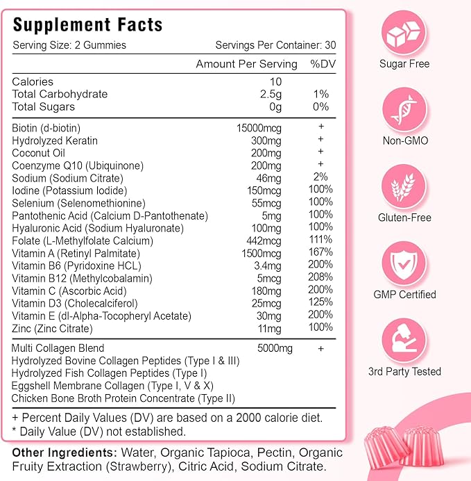 Sugar Free Collagen Gummies for Women Men, 5000mg Hydrolyzed Collagen Peptide I,II,III,V,X with 15000mcg Biotin, Keratin, Vitamin C A B D E for Skin Hair Nails Joints, Immunity Energy Digestion