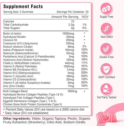 Sugar Free Collagen Gummies for Women Men, 5000mg Hydrolyzed Collagen Peptide I,II,III,V,X with 15000mcg Biotin, Keratin, Vitamin C A B D E for Skin Hair Nails Joints, Immunity Energy Digestion