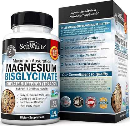 Magnesium Bisglycinate 100% Chelate No-Laxative Effect - Maximum Absorption Magnesium Supplement - Fully Reacted & Buffered for Energy Muscle Bone & Joint Support - Non-GMO Project Verified -180ct