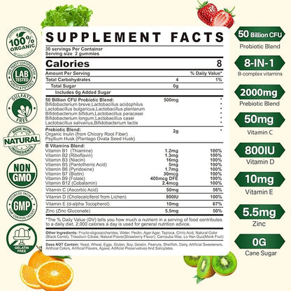 Probiotic Gummies with Prebiotics and Multivitamins, 50 Billion CFUs Probiotics,with Inulin,Psyllium Husk,Vitamin B Complex,C,D,E,Zinc. Supports Gut Health,Digestion,M-ood,and Immune Health,Sugar Free