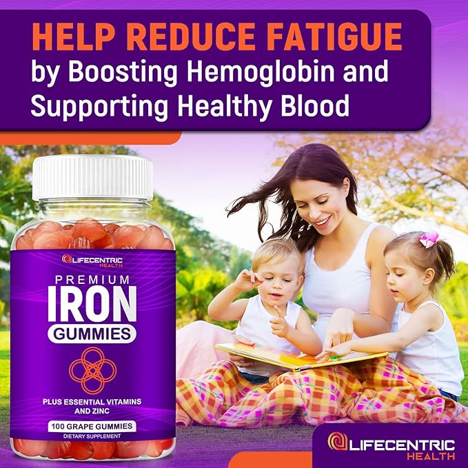 LifeCentricHealth Iron Gummies for Adults & Kids | Biotin Zinc Vitamin B Folic Acid Gummies | Vegan Gluten Free Blood Builder Anemia Supplements | Tasty Energy Boosting Iron Supplement for Women & Men